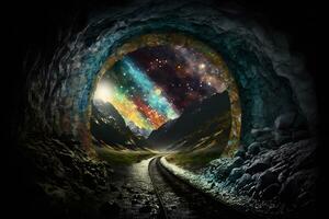 A magical tunnel leading into outer space. Neural network AI generated photo