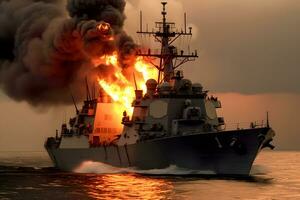 War concept. Night battle scene at sea. warship on fire. Neural network AI generated photo