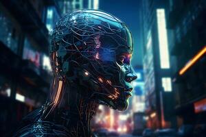 ciber hombre en el neón ciudad de el futuro. neural red ai generado foto