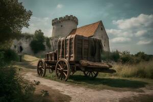 antiguo tradicional medieval europeo de madera carro en el la carretera. neural red ai generado foto