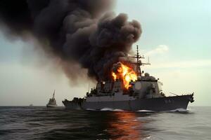 War concept. Night battle scene at sea. warship on fire. Neural network AI generated photo