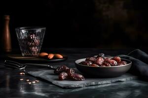 Dates on a dark background. Neural network AI generated photo