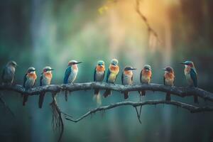 grupo de aves en un rama, frío tono. neural red ai generado foto