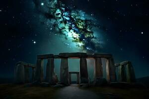 stone henge mock building against the backdrop of night and space. Neural network AI generated photo