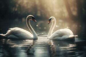 cisnes nadando en el agua en naturaleza. neural red ai generado foto