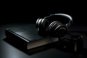 Audio book concept. Black headphones and a book. Neural network AI generated photo