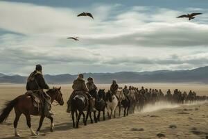 Ethnic Mongols in the steppe on horseback. Neural network AI generated photo