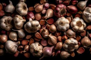 Lots of garlic abstract background. Neural network AI generated photo