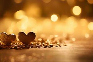 Gold hearts, glitters and bokeh background. Neural network AI generated photo