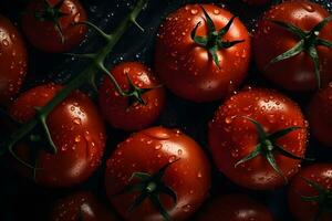 Many tomatoes with water drops, abstract background. Neural network AI generated photo