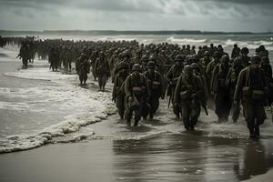 U.S. troops wading to Utah Beach during the D-Day. Neural network AI generated photo