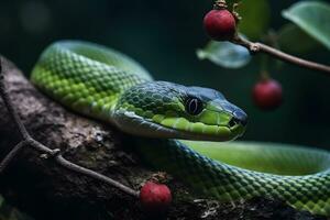 verde tropical serpiente. neural red ai generado foto