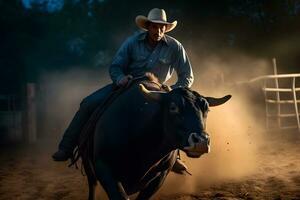 vaquero en caballo lazo toro, neural red ai generado foto