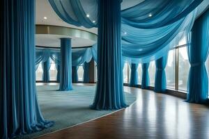 Wedding hall with luxurious blue curtains. Neural network AI generated photo