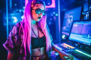 Retrowave synthwave girls portrait. Futuristic photo of the 80s on a neon background. Neural network AI generated