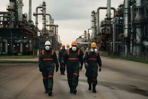 teamwork group of industrial workers in a refinery - oil processing equipment and machinery. Neural network AI generated photo