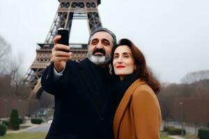 Happy smiling couple traveling in France taking selfie in Paris. Neural network AI generated photo