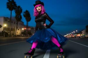 Fashionable groovy stylish girl on roller skates near the beach. Neural network AI generated photo
