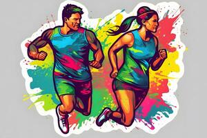 running sports couple, rainbow sticker. Neural network AI generated photo