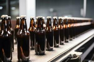 Beer bottles on the conveyor belt. Neural network AI generated photo