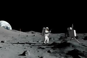 Brave astronaut at the spacewalk on the moon. Neural network AI generated photo