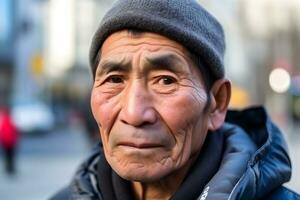 Close-up old mans face, elderly Asian man. Neural network AI generated photo