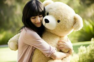 retrato de niña abrazando linda juguete oso, soñando, disfrutando presente. neural red ai generado foto