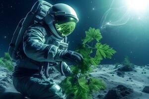 Astronaut planting a tree on the moon or mars. Neural network AI generated photo