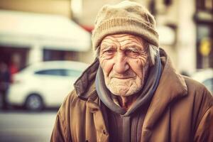 retrato de un sonriente antiguo hombre en el Georgia. neural red ai generado foto