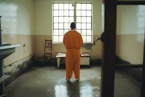 prisionero en naranja prisión traje en corredor. neural red ai generado foto