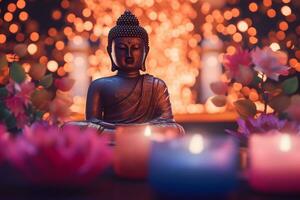 Meditation Buddha statue with candles and lotus. Neural network AI generated photo