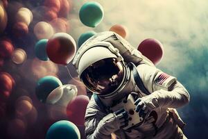 astronauta dibujos animados flotante con globo planeta en espacio antecedentes. neural red ai generado foto