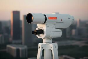 Coin Operated Binocular viewer next to the waterside promenade. Neural network AI generated photo