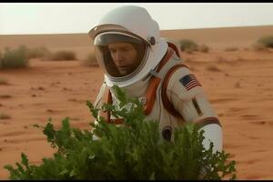 Astronaut planting a tree on the moon or mars. Neural network AI generated photo