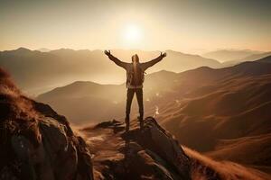 Female hiker with backpack raised her hands celebrating successful climb to top of mountain. Neural network AI generated photo