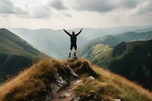 Female hiker with backpack raised her hands celebrating successful climb to top of mountain. Neural network AI generated photo