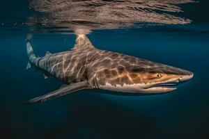 genial blanco tiburón posando en el profundo azul agua. neural red ai generado foto