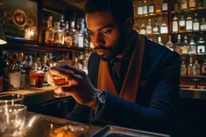 Technologist bartender creates a new drink. Neural network AI generated photo