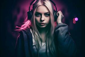 Girl listening to music with wireless headphones neon light. Neural network AI generated photo