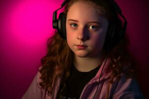 niña escuchando a música con inalámbrico auriculares neón ligero. neural red ai generado foto