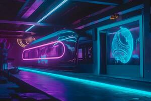 Metro future neon in synthwave style. Neural network AI generated photo