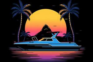 Retrowave style neon yacht, Futuristic synthwave. Neural network AI generated photo