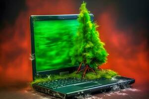 A tree grows from a laptop. Green information technology. Neural network AI generated photo