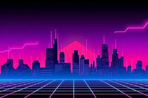 Cyberpunk and retro wave style futuristic night city. Neural network AI generated photo