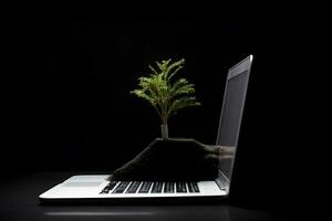 A tree grows from a laptop. Green information technology. Neural network AI generated photo