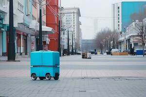 Self-driving delivery robot concept. Neural network AI generated photo