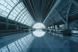 Airport terminal escalator. Neural network AI generated photo