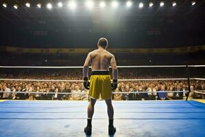 Boxer champion enjoying his victory on lights and standing back to the camera. Neural network AI generated photo