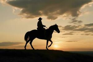 silueta vaquero en lado de caballo. neural red ai generado foto