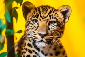 leopardo en un amarillo antecedentes. neural red ai generado foto